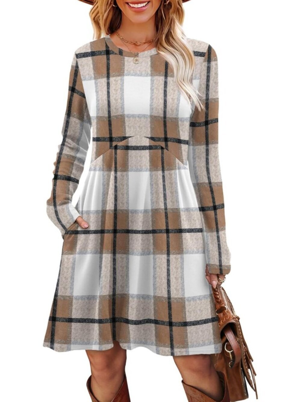 Women's Brown Palid Long Sleeve Comfort Crew Neck Empire Waist Tunic Mini Dress - Picture 3 of 5